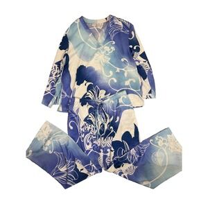 Natori Womens Blue White Floral Pajama Set V-Neck Top & Drawstring Pants Small